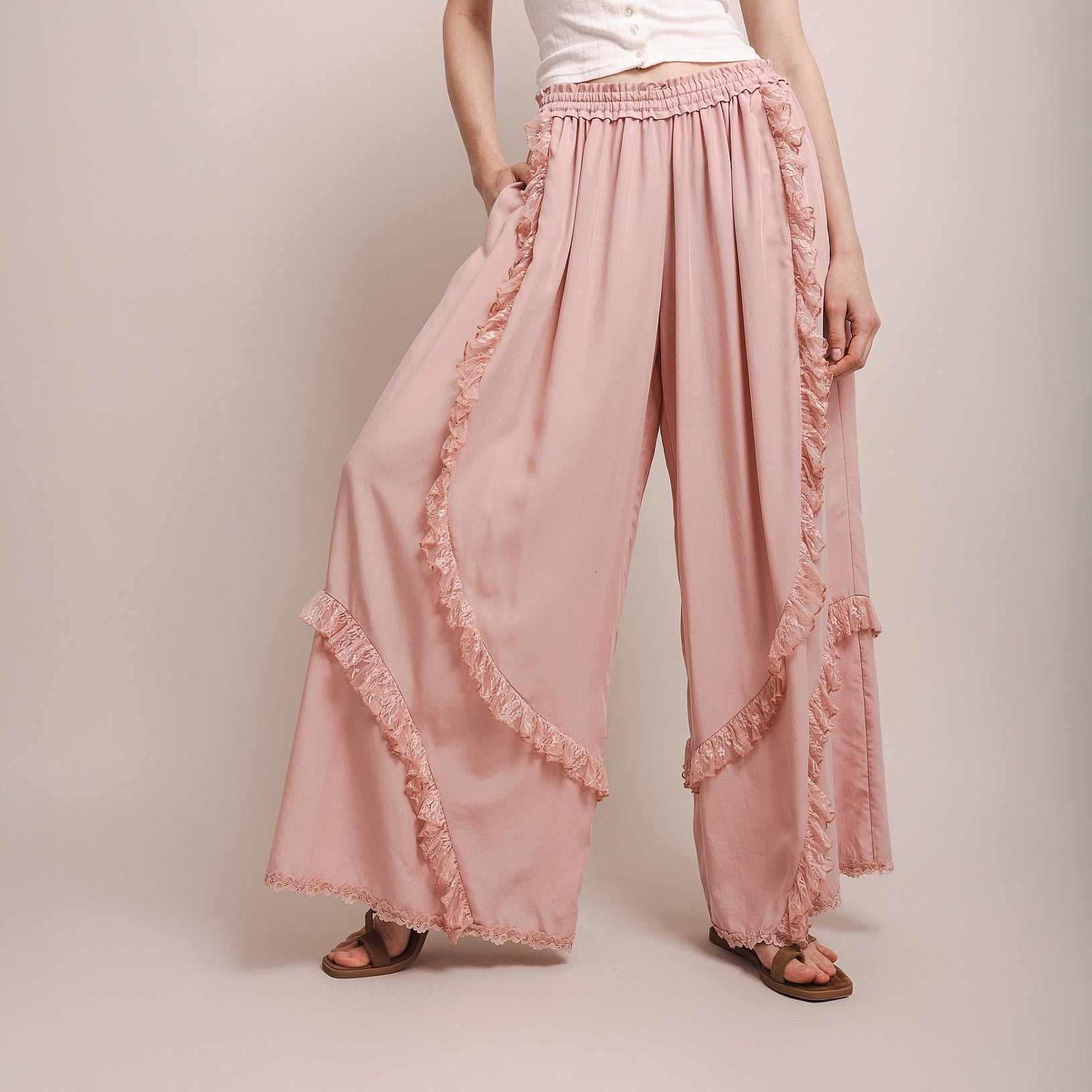 Bluevelvet Pink Ruffle Detail Wide Leg Pants
