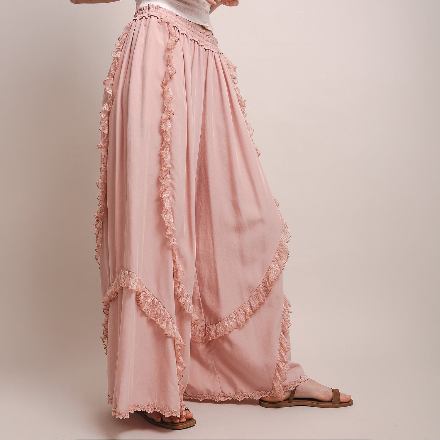 Bluevelvet Pink Ruffle Detail Wide Leg Pants