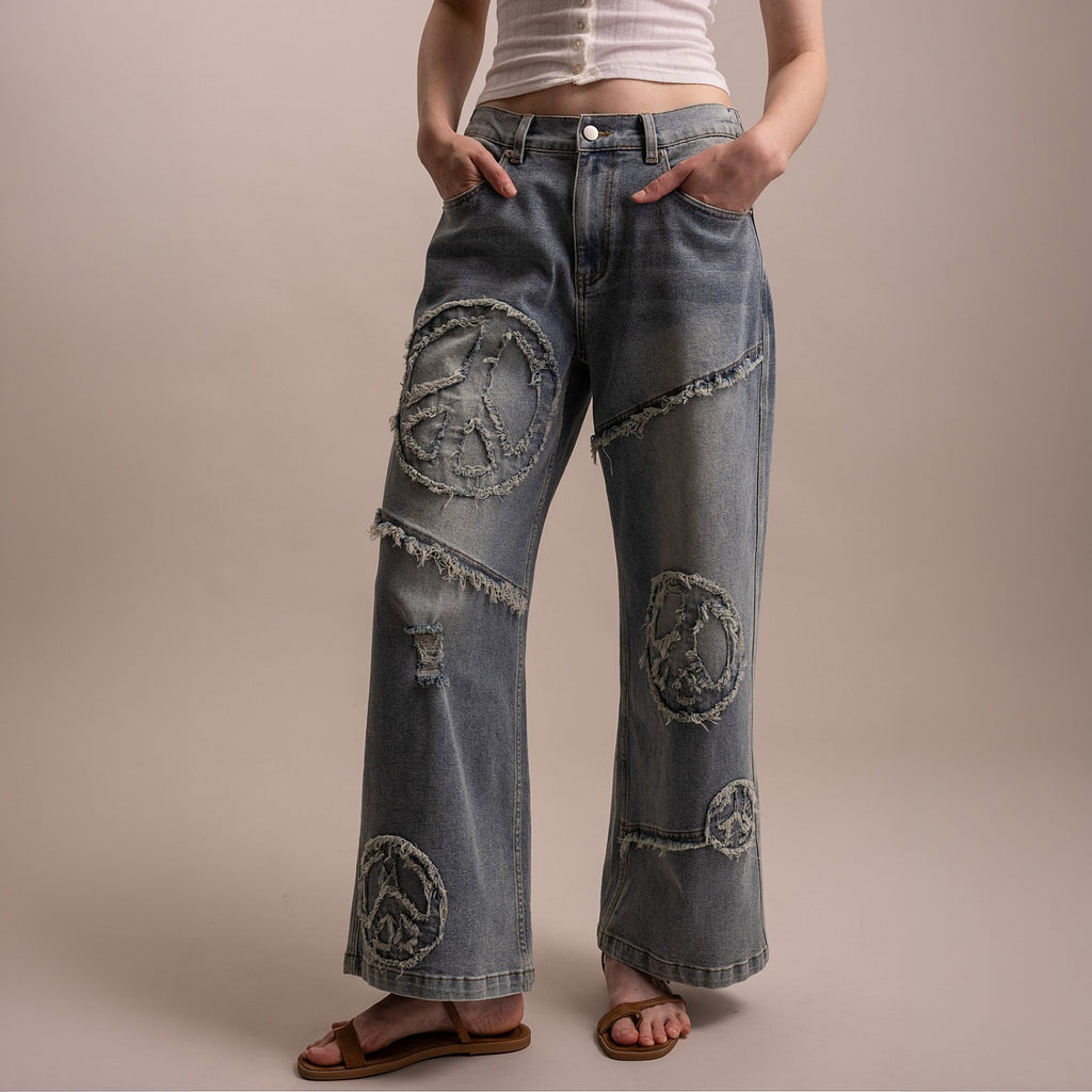 Blue Velvet Peace Patch Wide-Leg Denim Pants