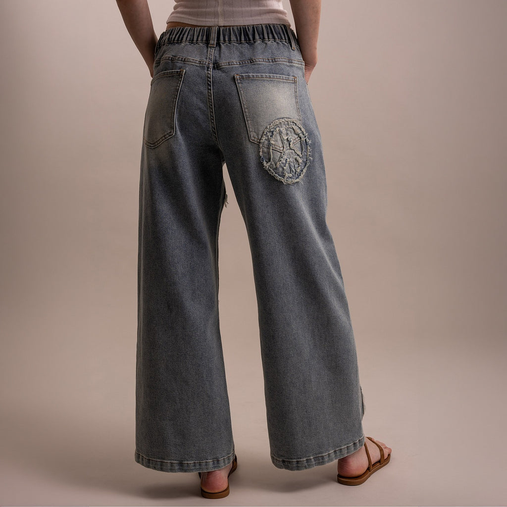 Blue Velvet Peace Patch Wide-Leg Denim Pants