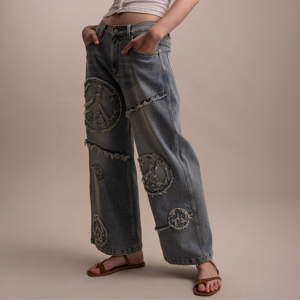 Blue Velvet Peace Patch Wide-Leg Denim Pants