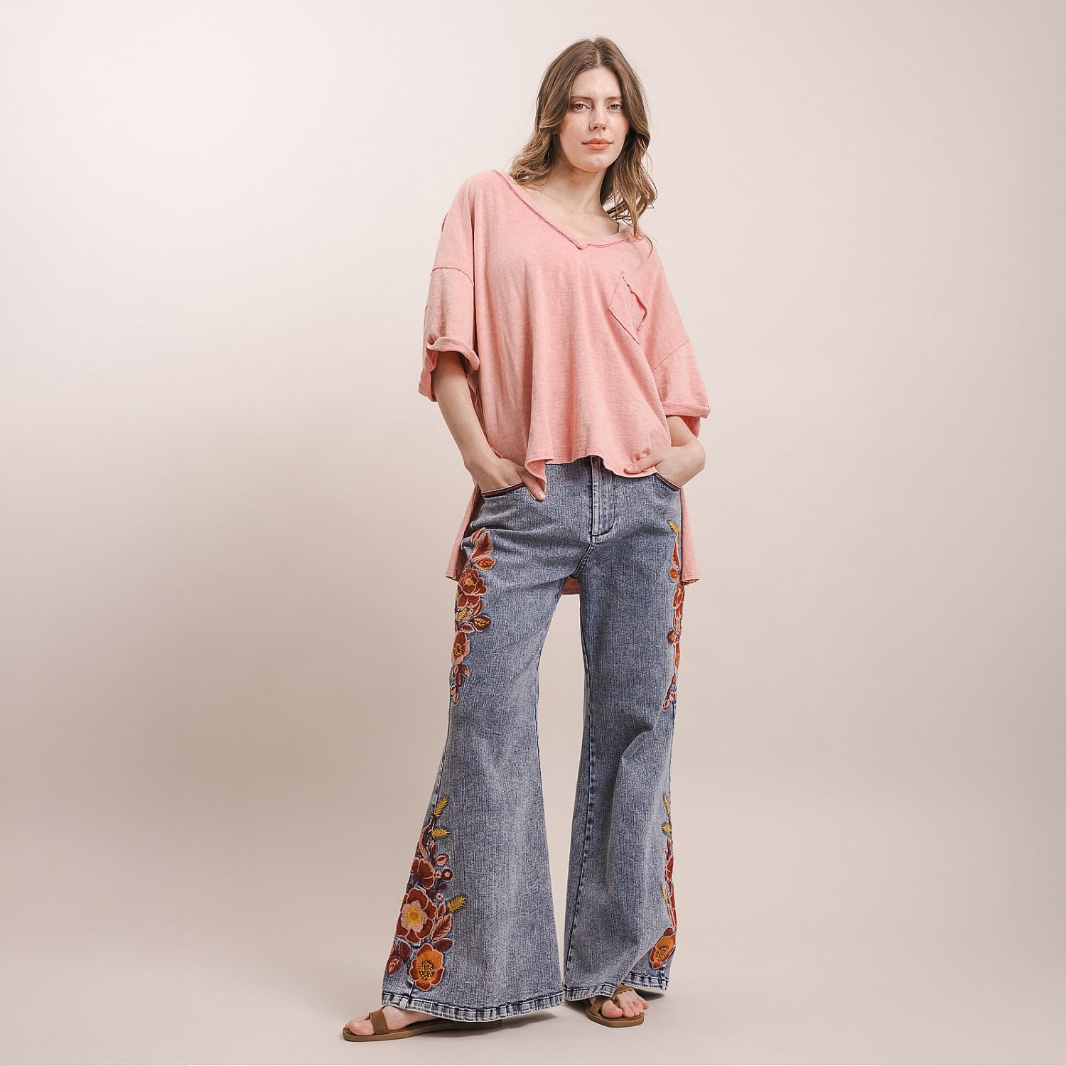 Bluevelvet women's floral embroidered denim wide-leg pants, full outfit front view with pink top
