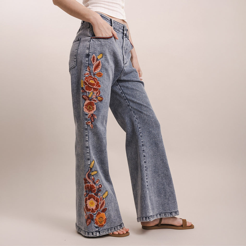 Bluevelvet women's floral embroidered wide-leg denim pants, side silhouette full length view
