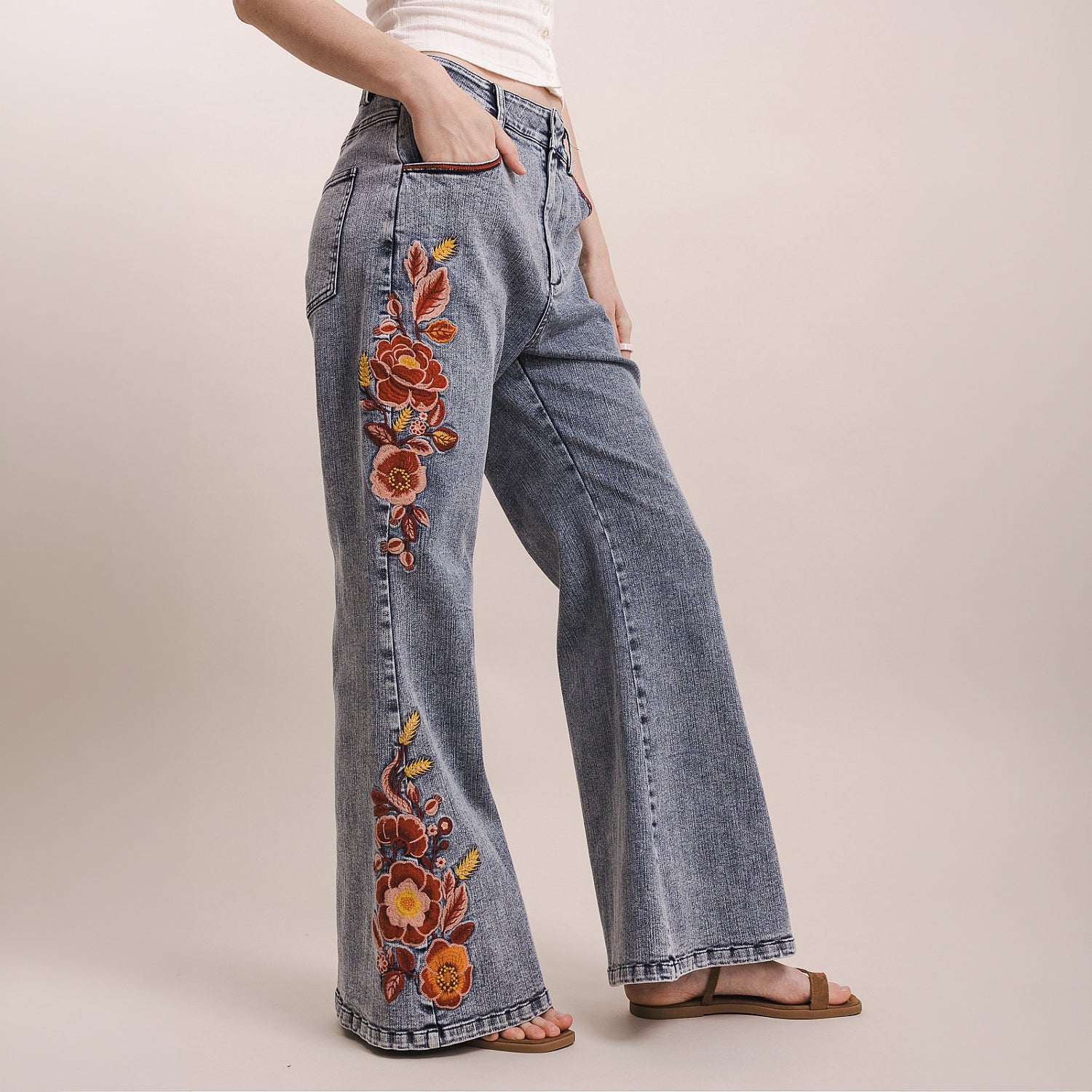 Bluevelvet women's floral embroidered wide-leg denim pants, side silhouette full length view
