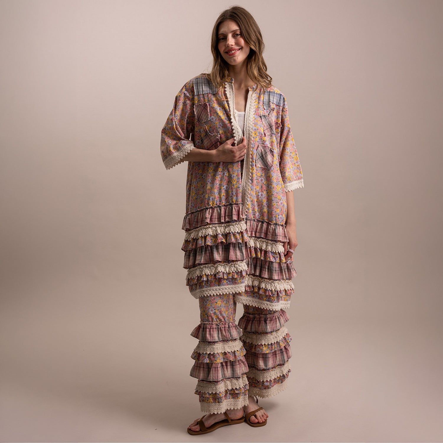 Bluevelvet floral ruffle wide leg pants in Pink, front studio view, drawstring waist
