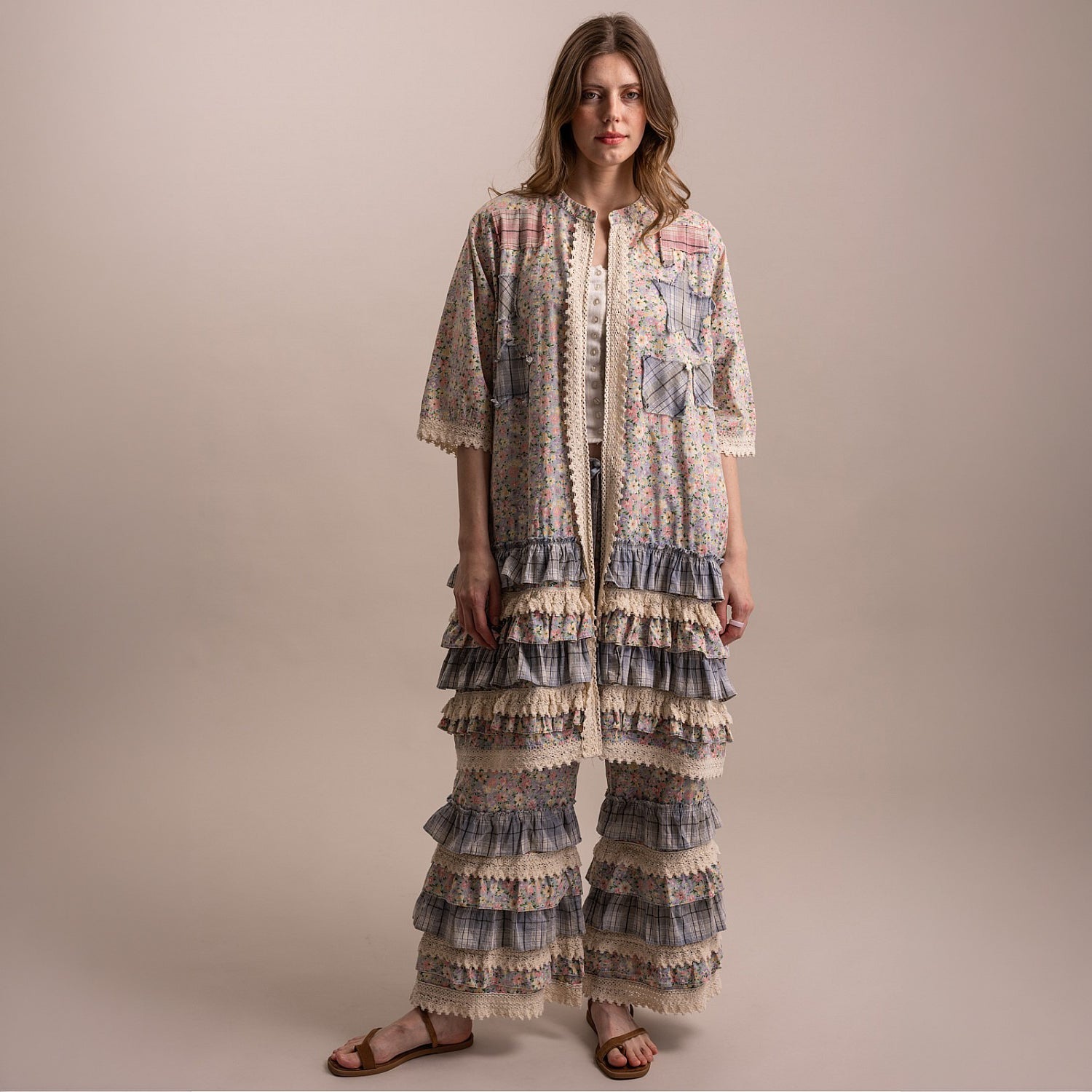 Bluevelvet floral ruffle wide leg pants and duster set, full length studio styling view
