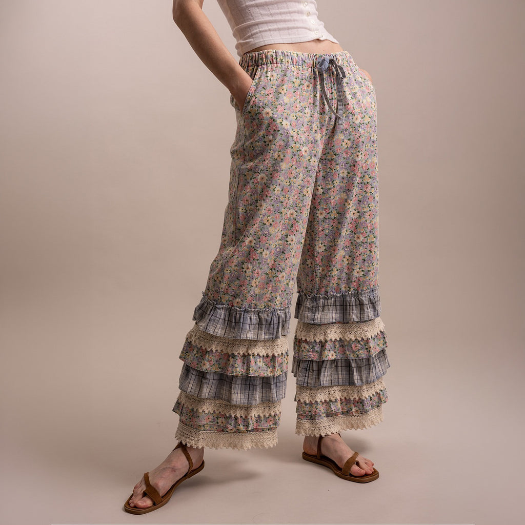Bluevelvet floral ruffle wide leg pants, front view, drawstring waist, layered ruffle hem
