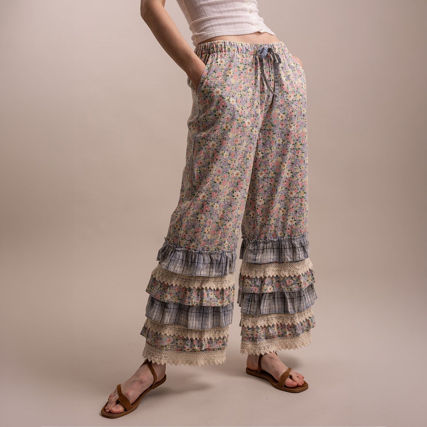 Bluevelvet floral ruffle wide leg pants, front view, drawstring waist, layered ruffle hem
