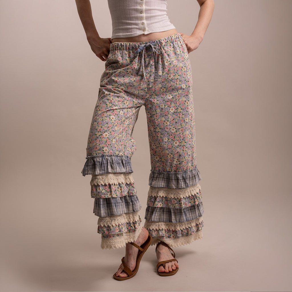 Bluevelvet floral ruffle wide leg pants styled with matching duster, full outfit front view
