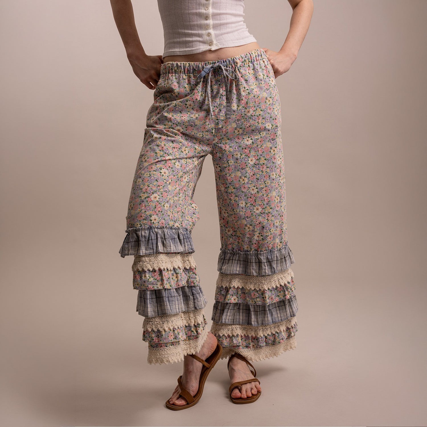 Bluevelvet floral ruffle wide leg pants styled with matching duster, full outfit front view
