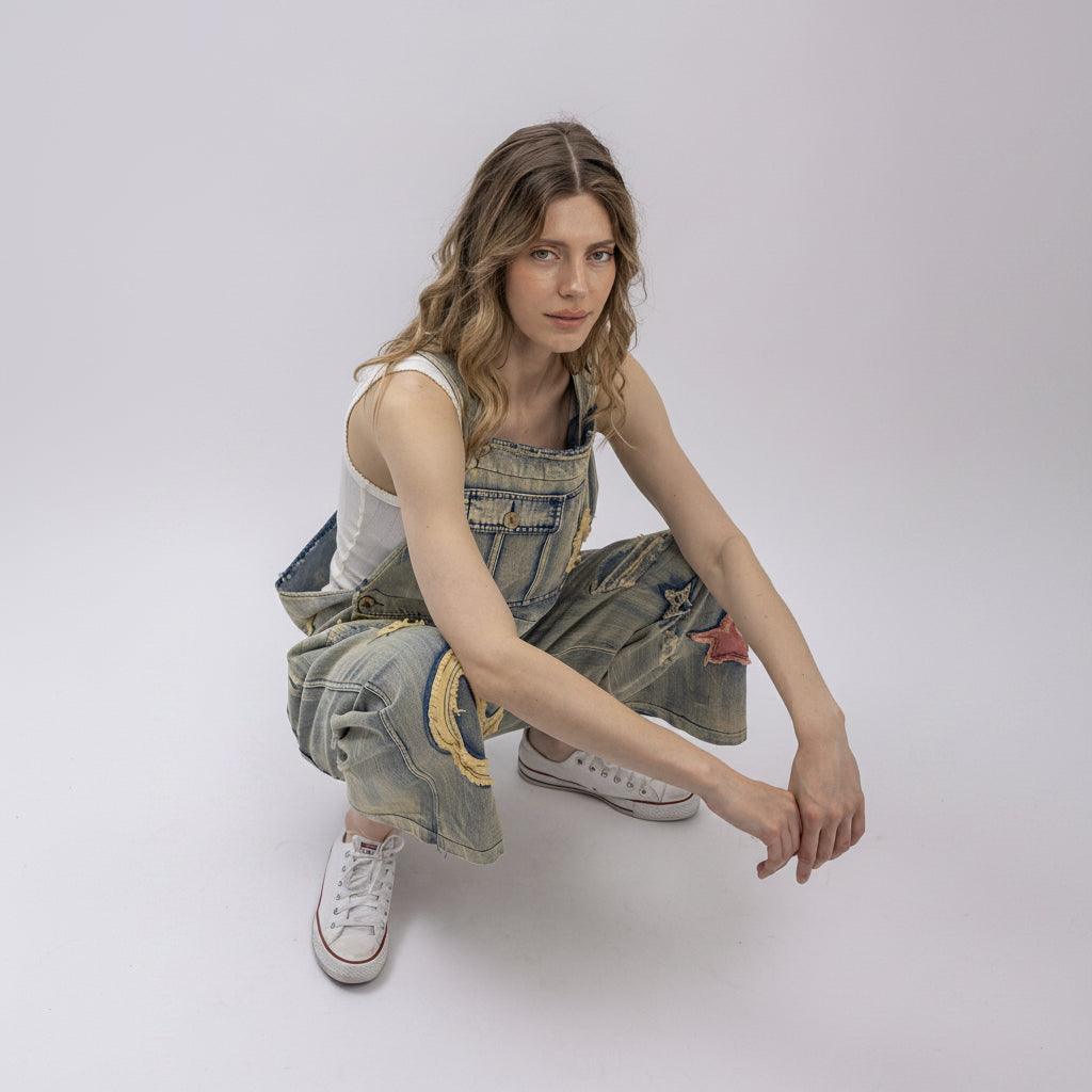 Bluevelvet women's wide-leg denim overall jumpsuit with star appliqués, close-up detail view
