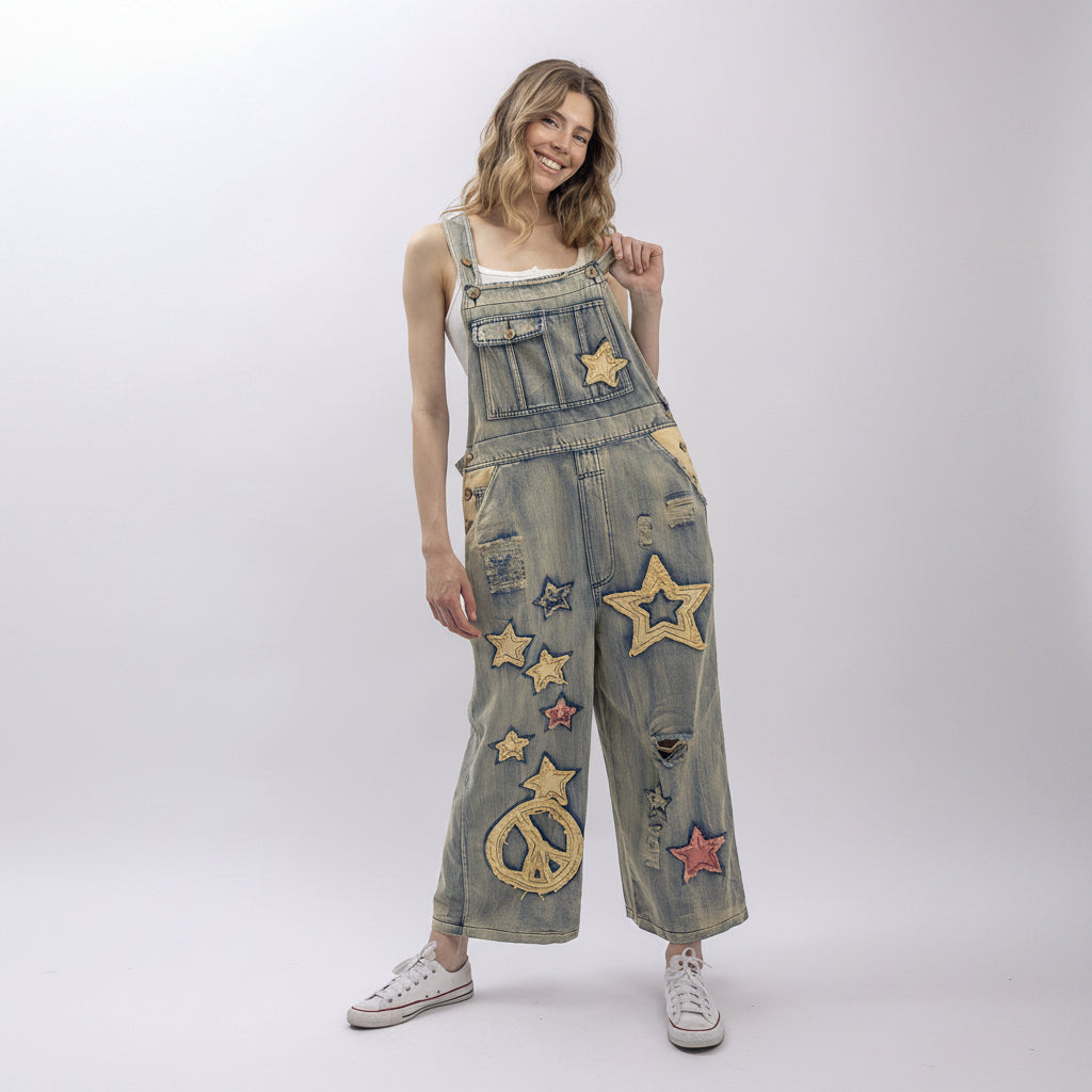Bluevelvet women's wide-leg denim overall jumpsuit with star appliqués, full-length front view on model
