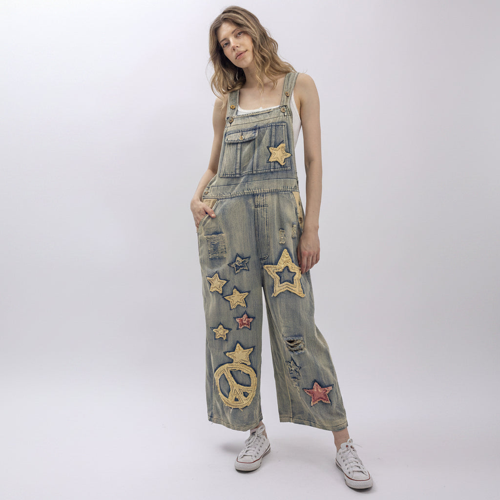 Bluevelvet women's vintage wash wide-leg denim star patch overall jumpsuit, front view on model - BellanBlue
