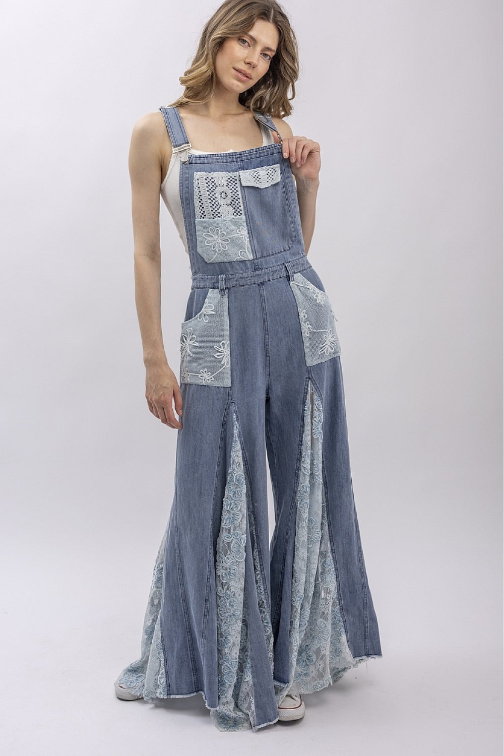 Front And Back Crochet Lace Denim Overalls