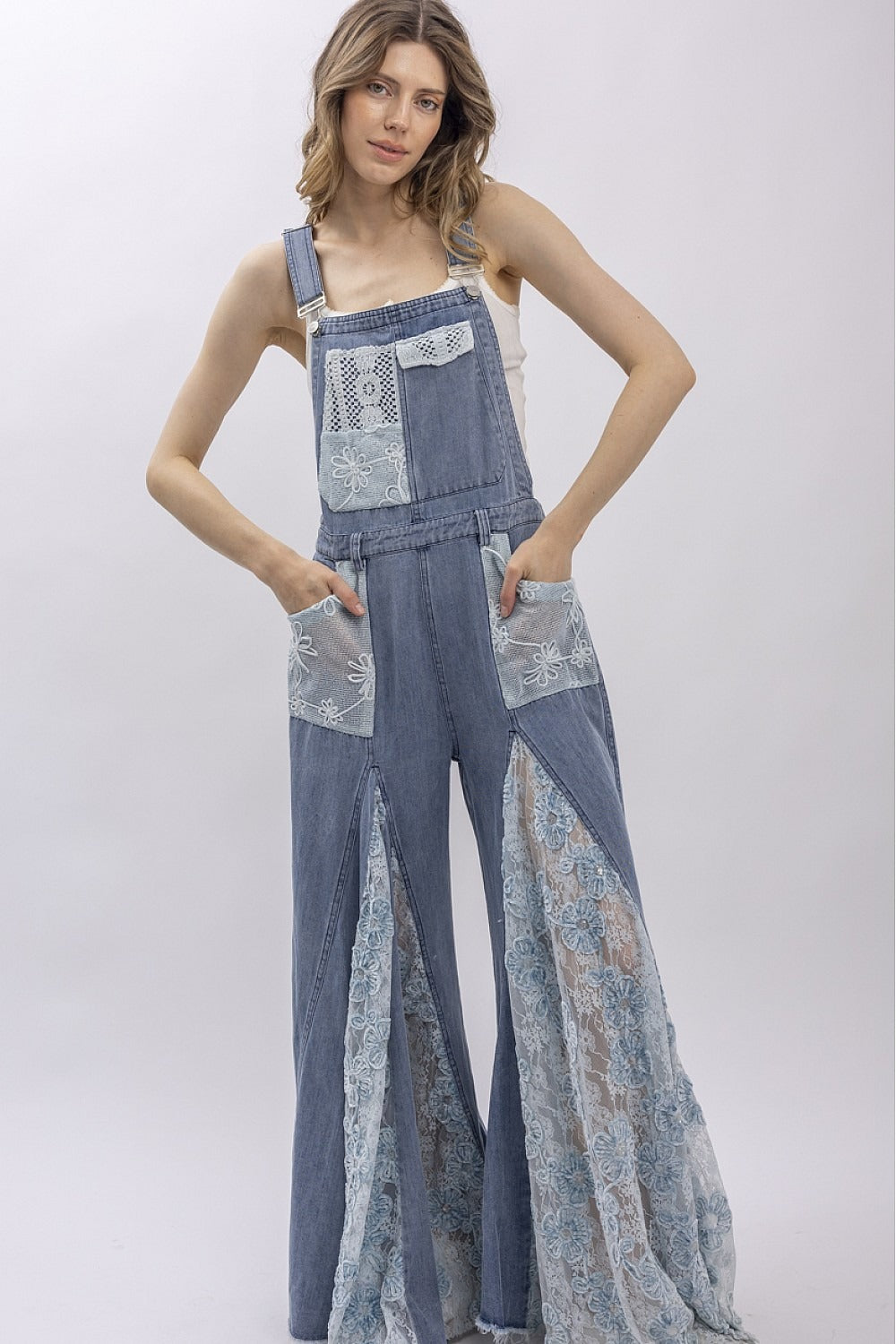 Front And Back Crochet Lace Denim Overalls