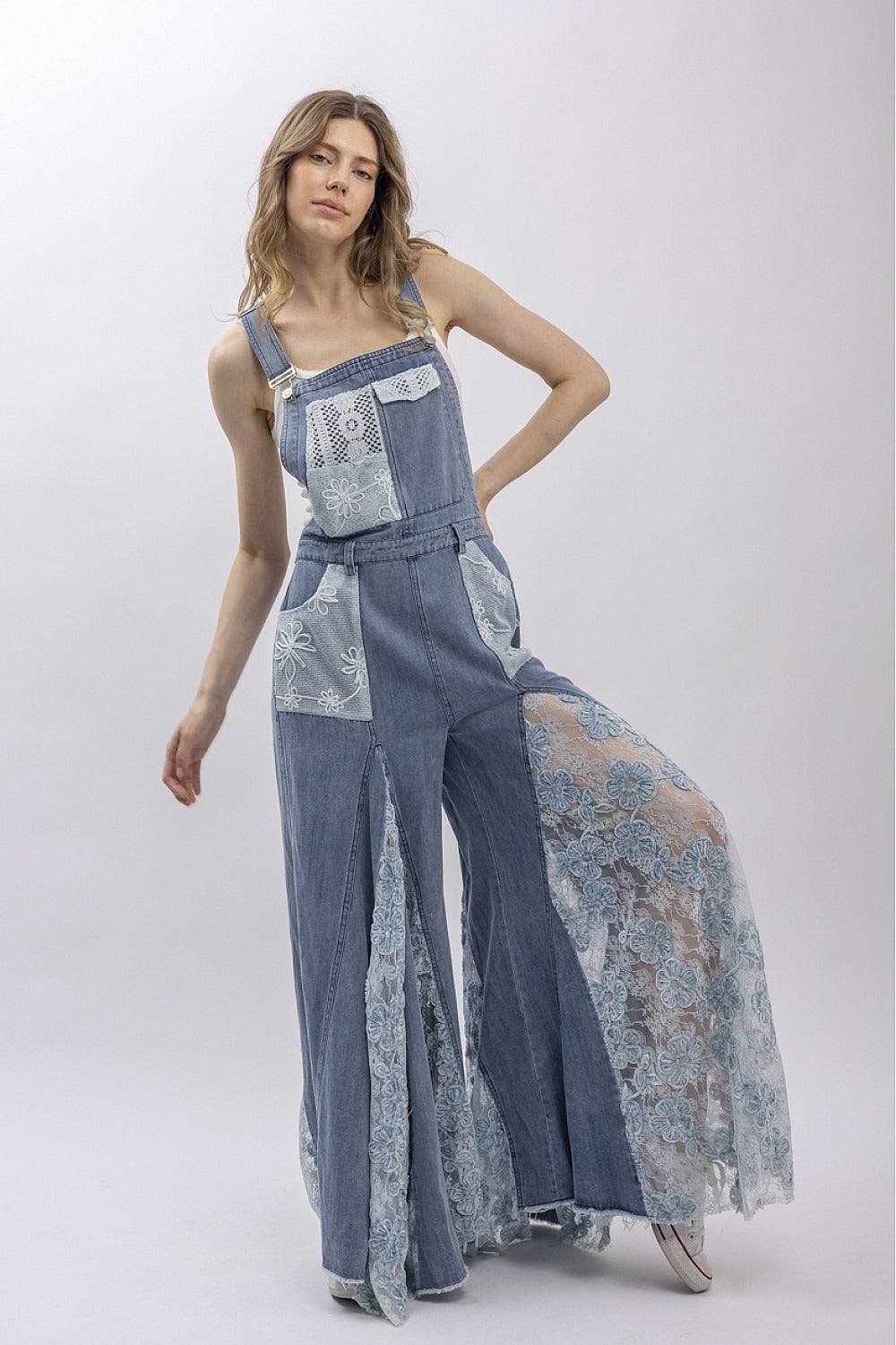 Front And Back Crochet Lace Denim Overalls