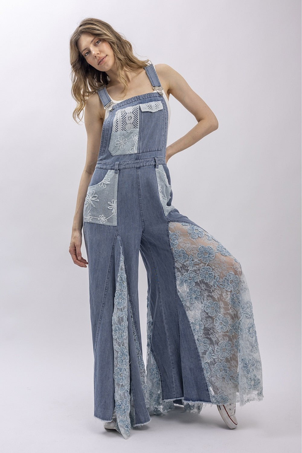 Front And Back Crochet Lace Denim Overalls