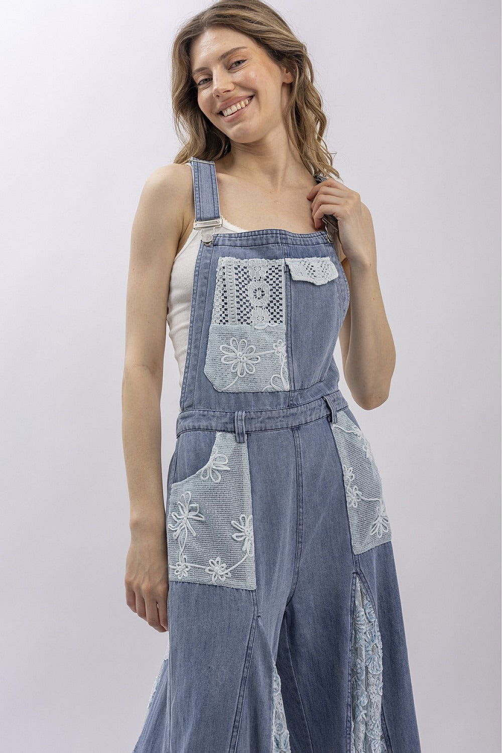 Front And Back Crochet Lace Denim Overalls