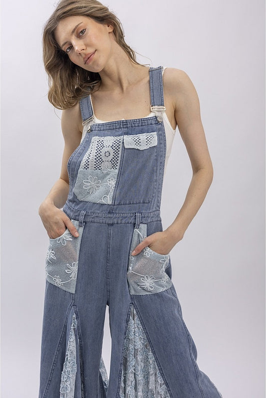Front And Back Crochet Lace Denim Overalls