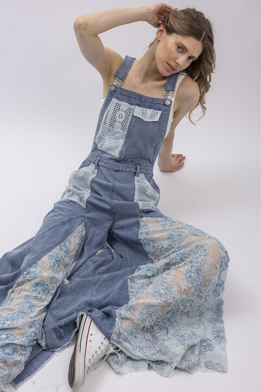 Front And Back Crochet Lace Denim Overalls
