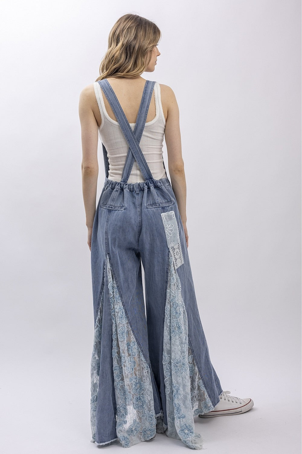 Front And Back Crochet Lace Denim Overalls