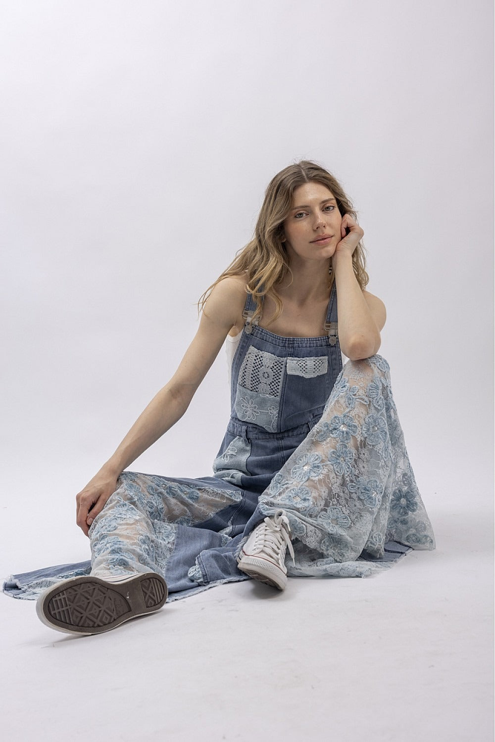 Front And Back Crochet Lace Denim Overalls