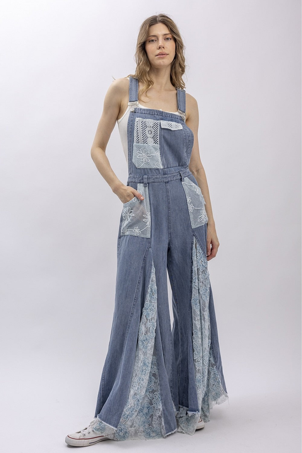 Front And Back Crochet Lace Denim Overalls