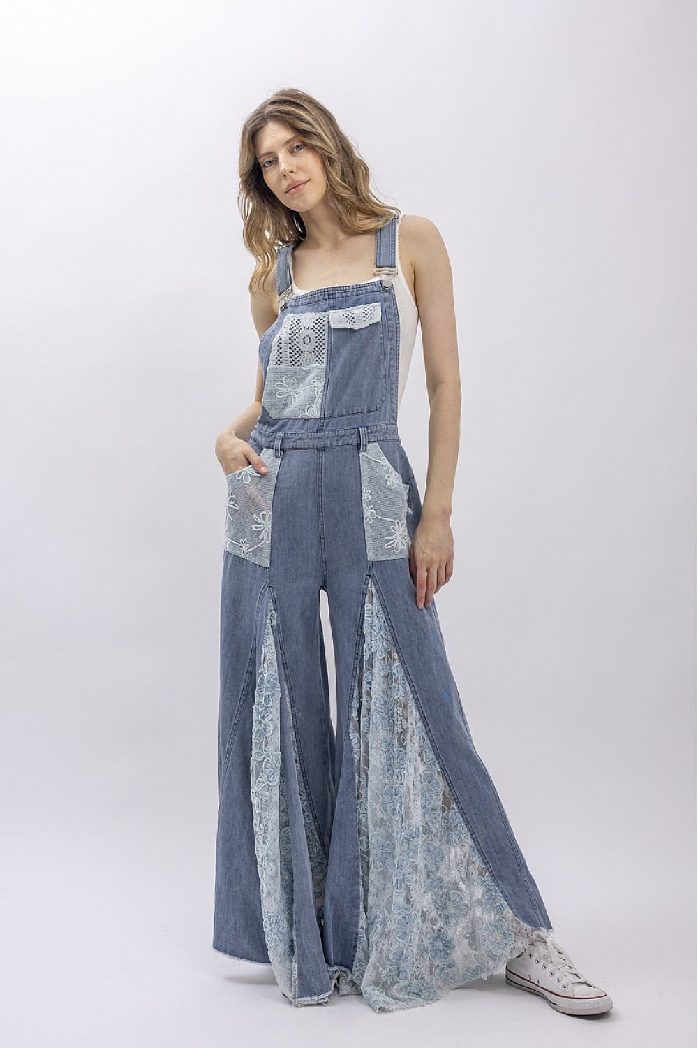 Front And Back Crochet Lace Denim Overalls