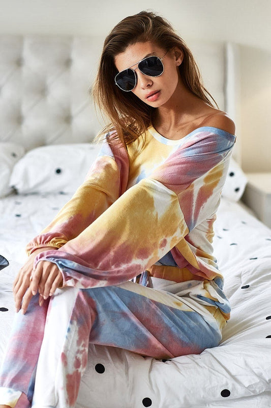 Mustard Blue Mauve Tie Dye French Terry Top and Bottom Set
