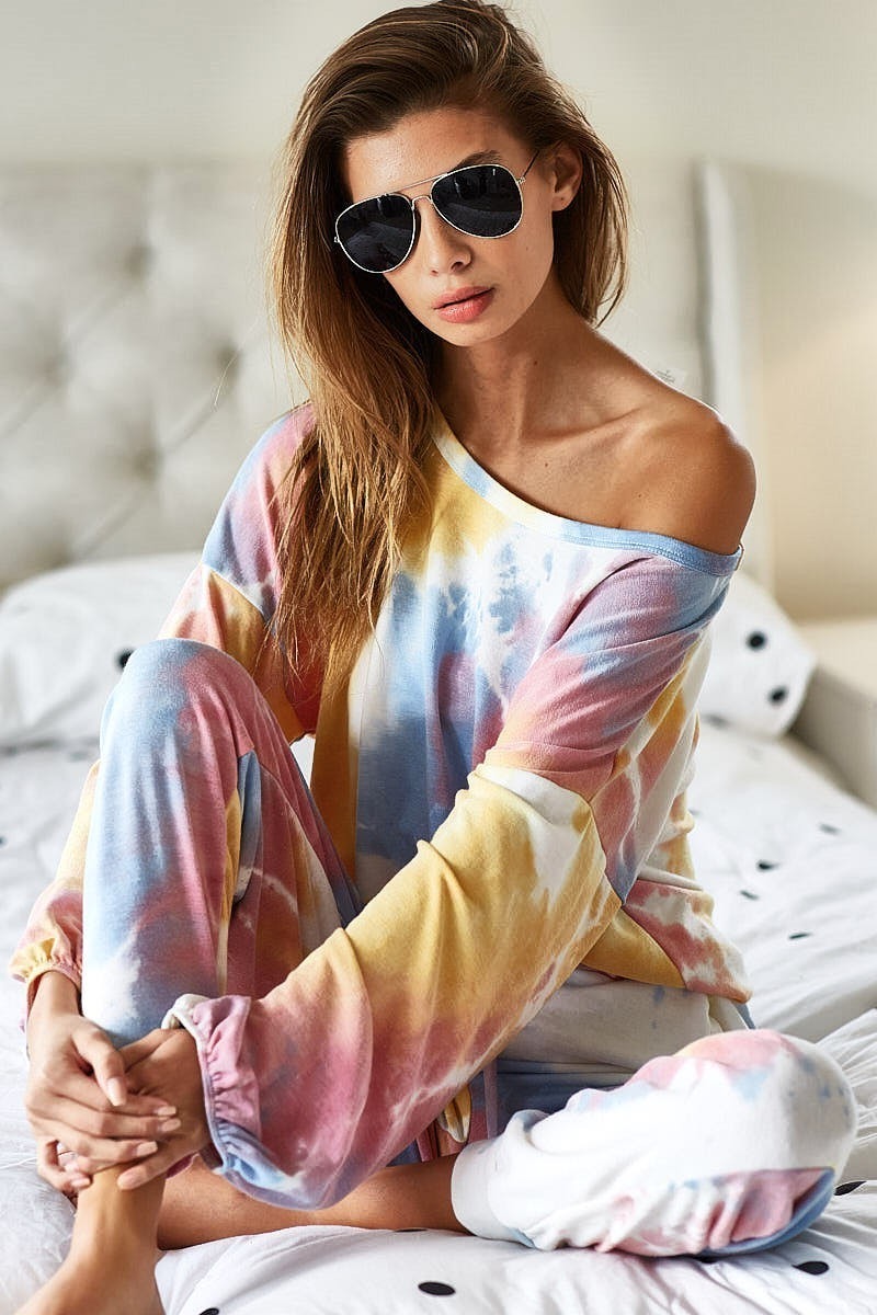 Mustard Blue Mauve Tie Dye French Terry Top and Bottom Set