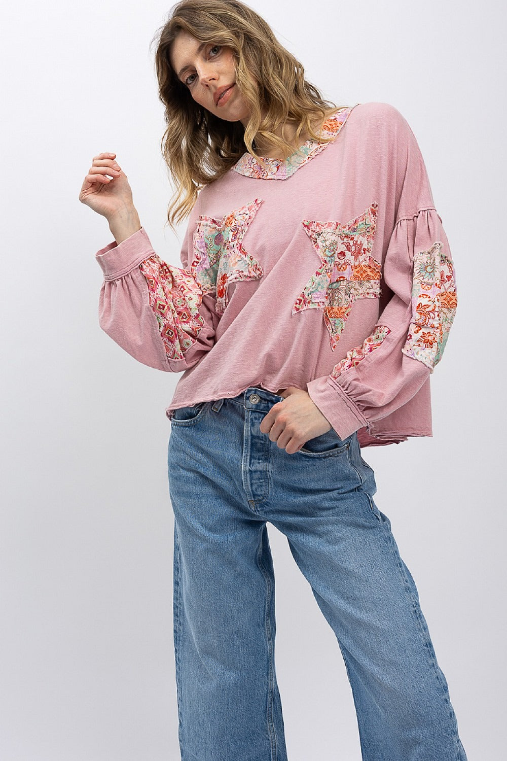 Boho Patchwork Top - Relaxed Fit Cotton Contrast Print Shirt