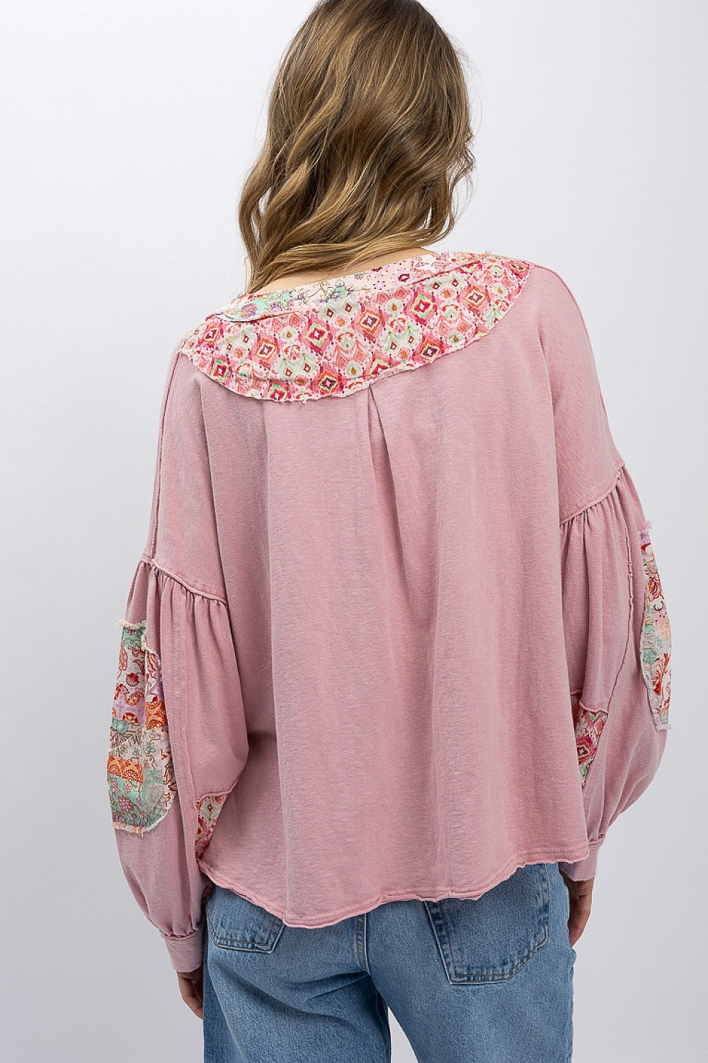 Boho Patchwork Top - Relaxed Fit Cotton Contrast Print Shirt