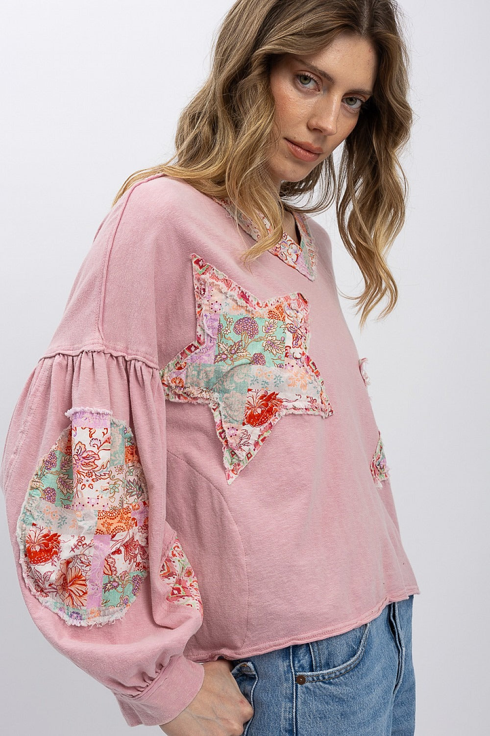 Boho Patchwork Top - Relaxed Fit Cotton Contrast Print Shirt