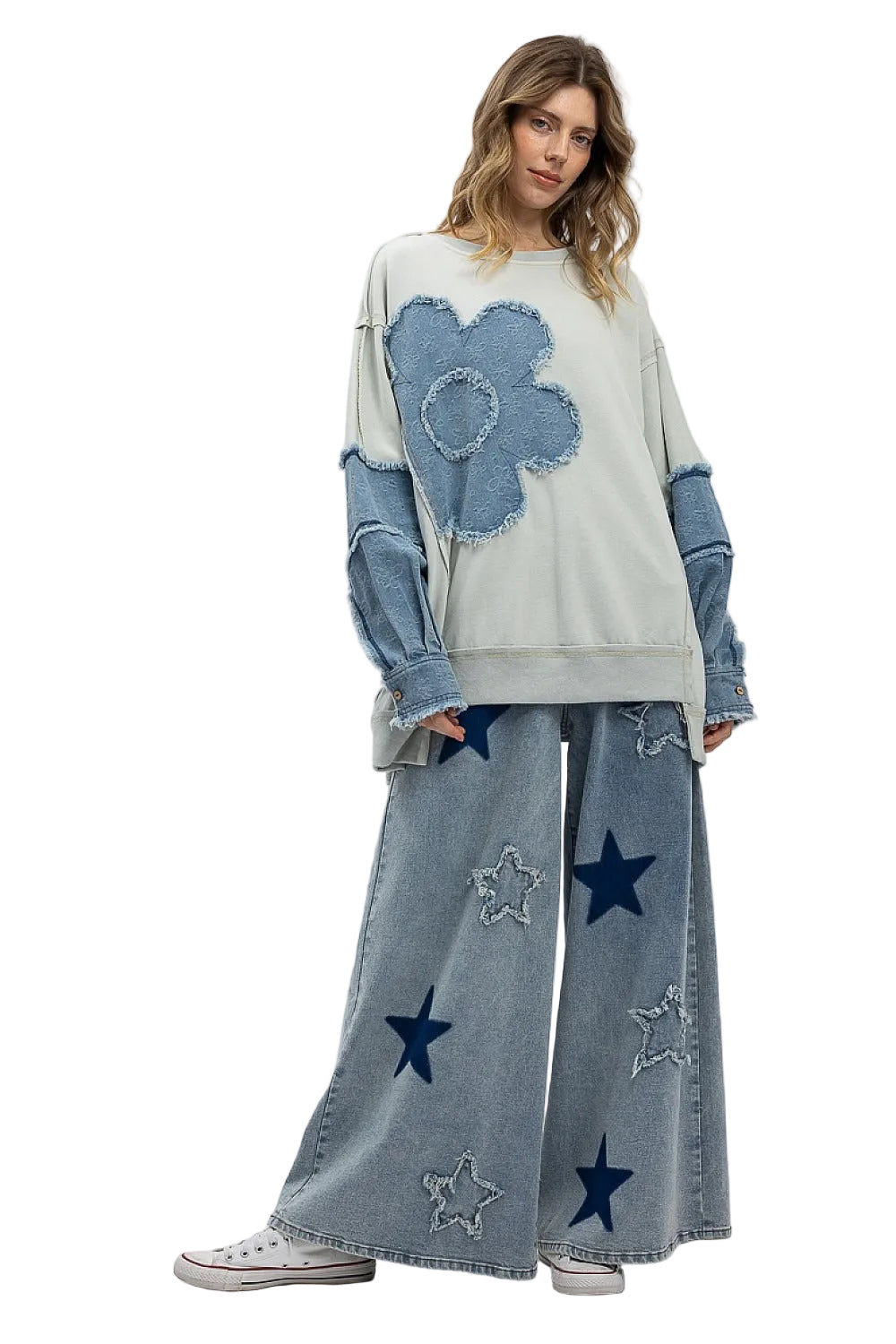 Oversized Denim Flower Patchwork Jacket - Women's Cream Sweatshirt