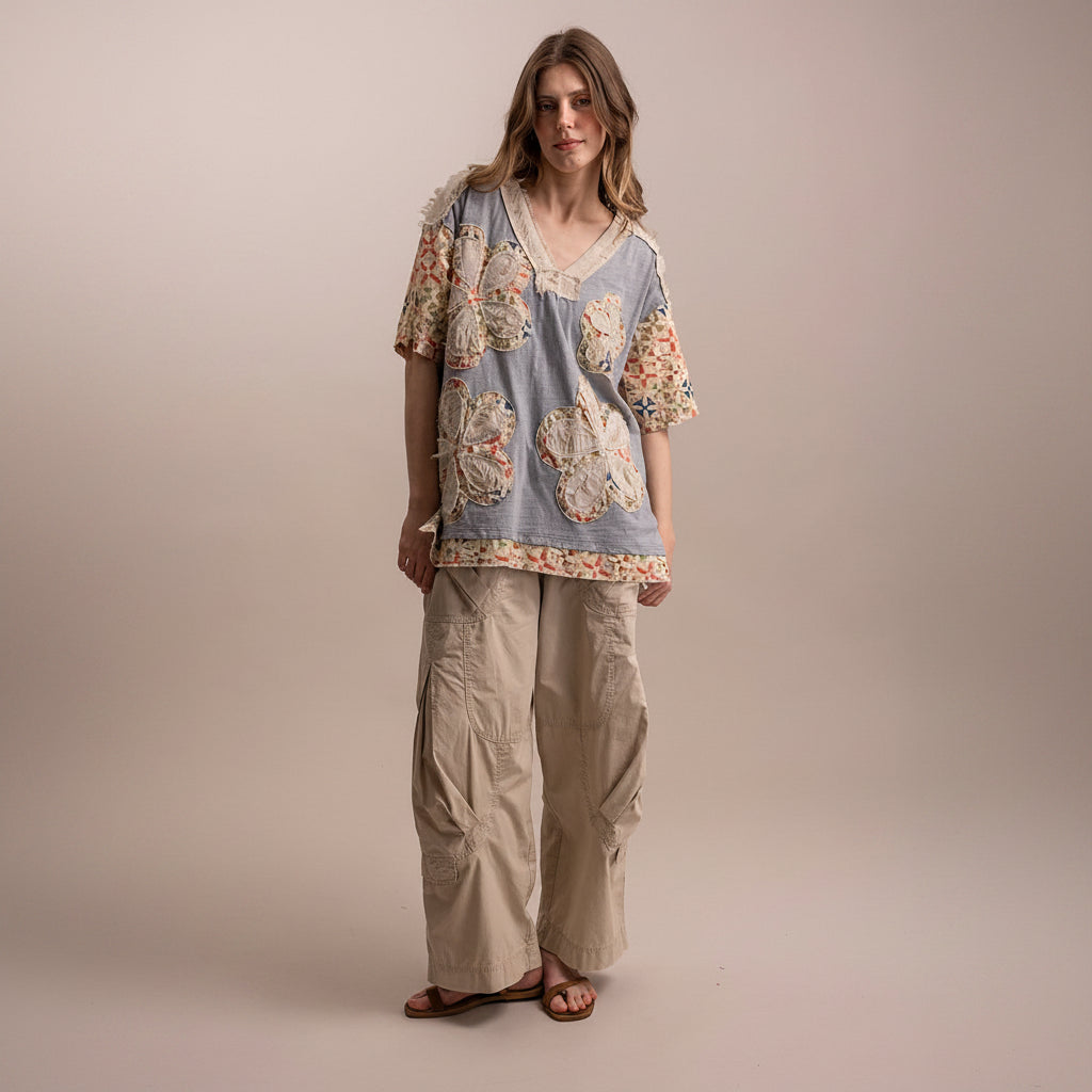 Bluevelvet Floral Patchwork V-Neck Top