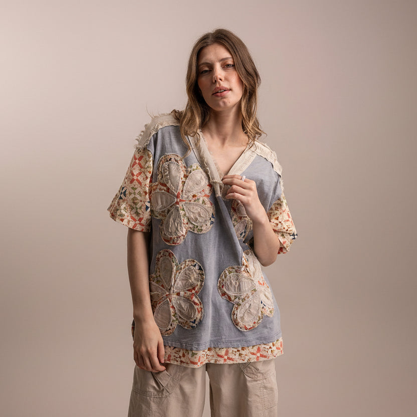 Bluevelvet Floral Patchwork V-Neck Top
