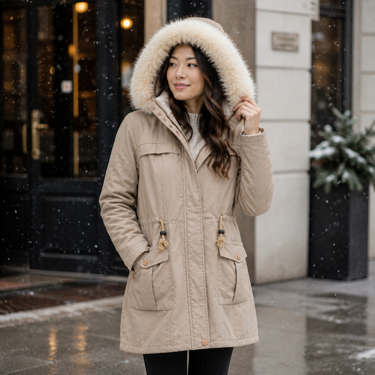 Faux Fur Hooded Parka Coat — Beige Cinched Waist Winter Jacket