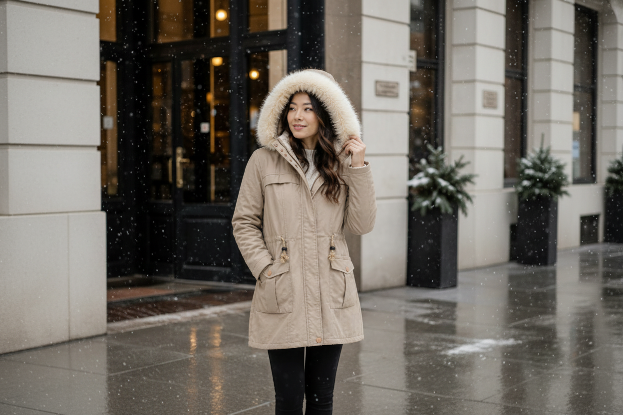 Woman in a beige parka with a fur-lined hood standing on a snowy street.