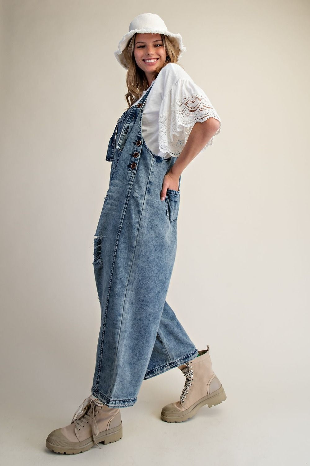 Easel Clothing women's vintage denim distressed wide-leg overalls, full front view