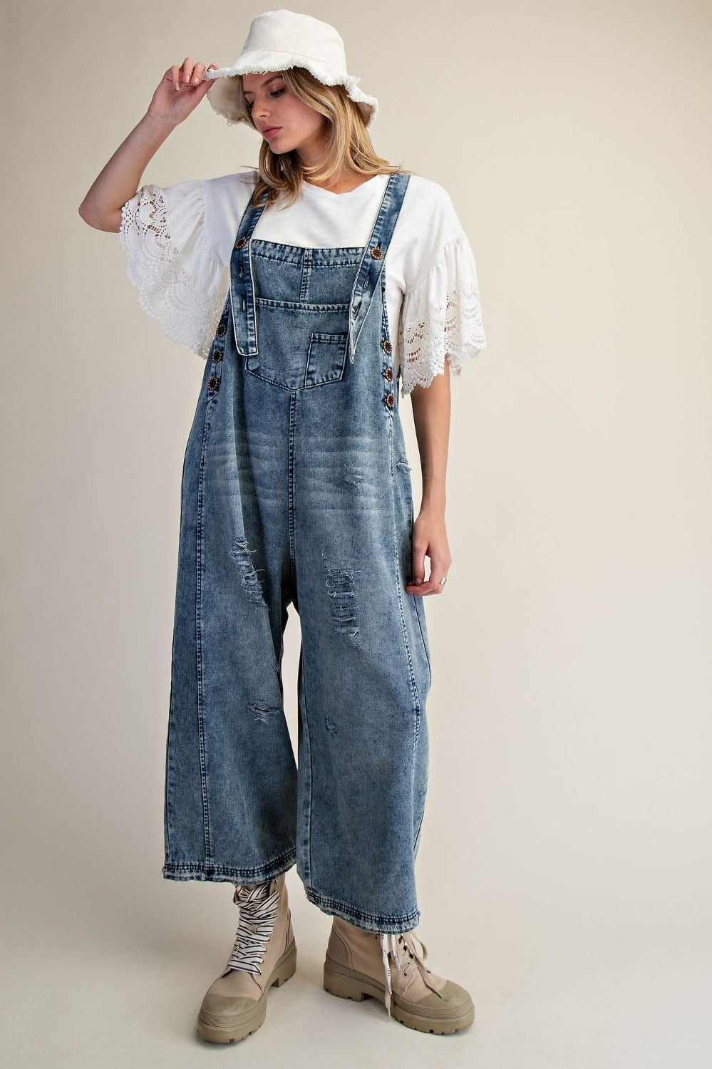 Easel Clothing women's vintage denim wide-leg overalls, back view with patch pockets