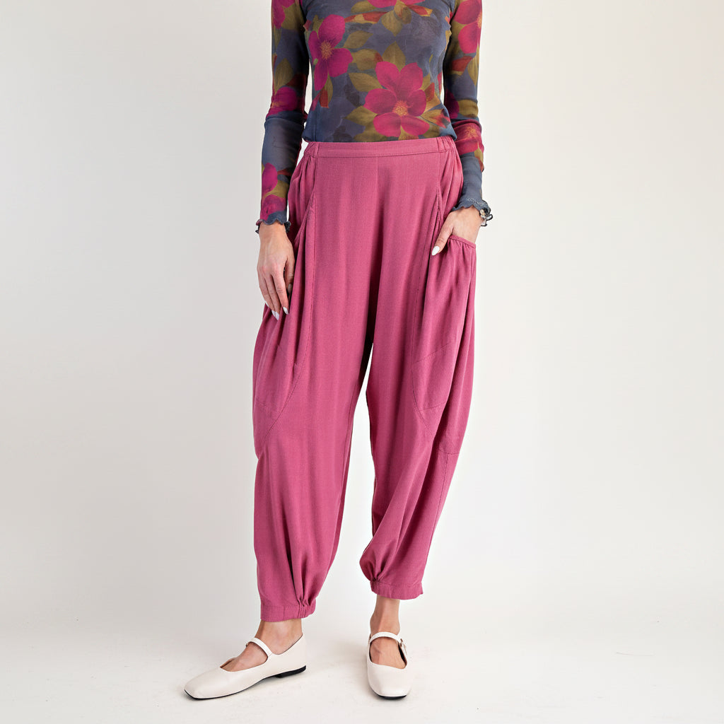 Easel women's rose pink linen blend aladdin pants front view with gathered waist and balloon leg
