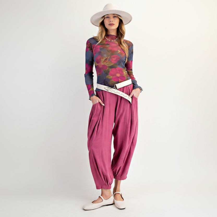 Easel women's rose pink harem pants full outfit with wide-brim hat and white Mary Jane flats
