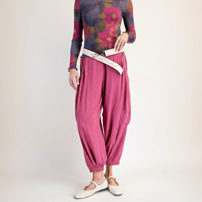 Easel rose pink aladdin pants waist detail showing gathered ruching and white belt styling
