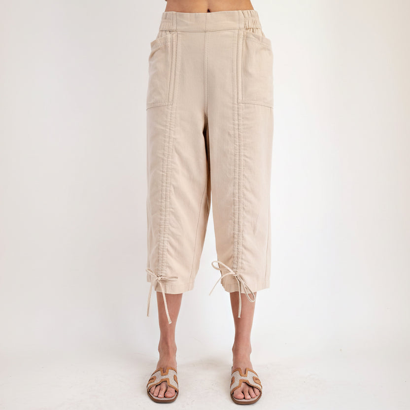 Easel women's khaki stone washed twill capri pants front view with patch pockets and drawstring ties
