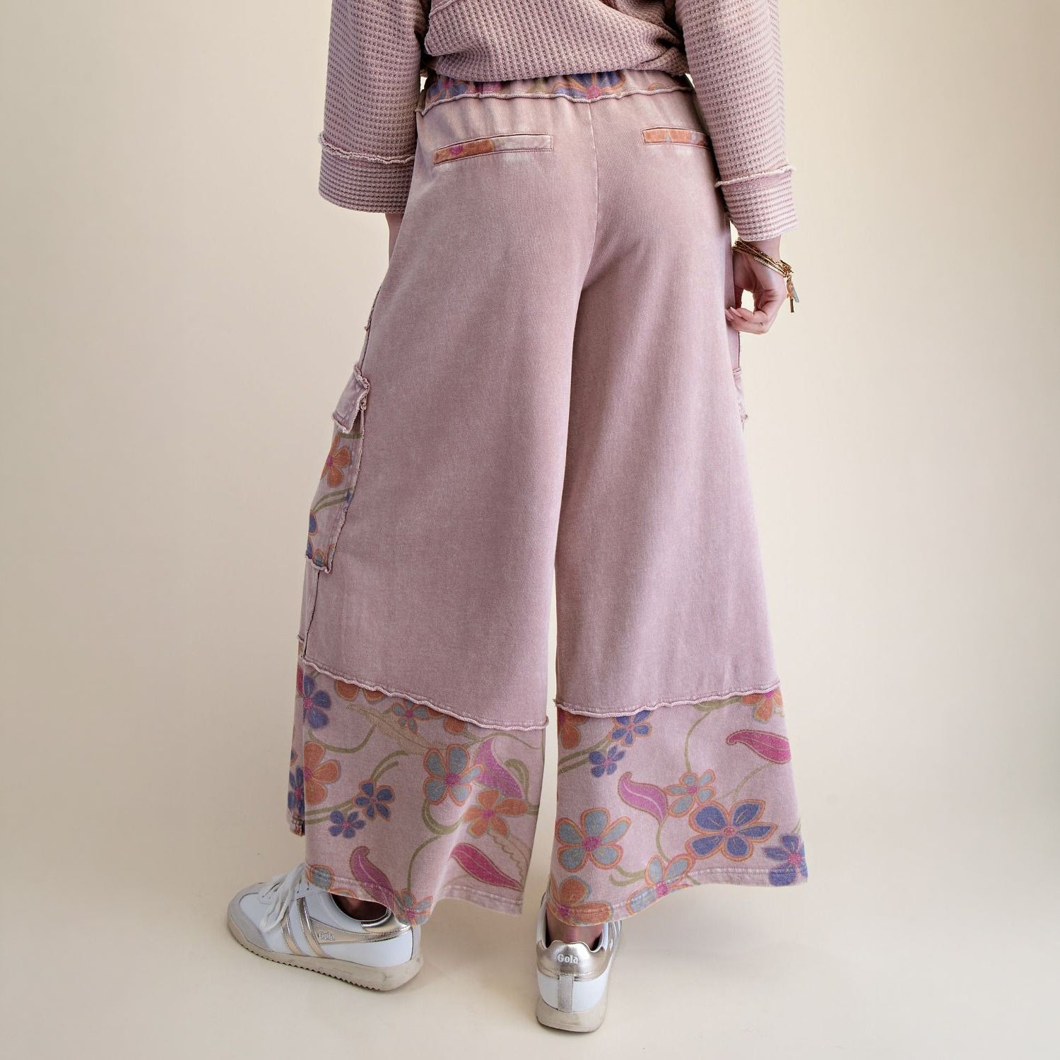 Easel Floral Terry Wide Leg Cargo Pants