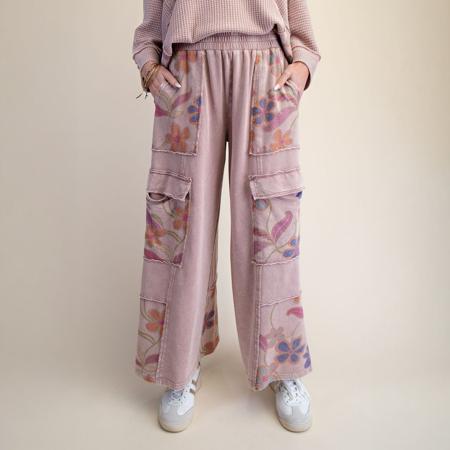 Easel Floral Terry Wide Leg Cargo Pants