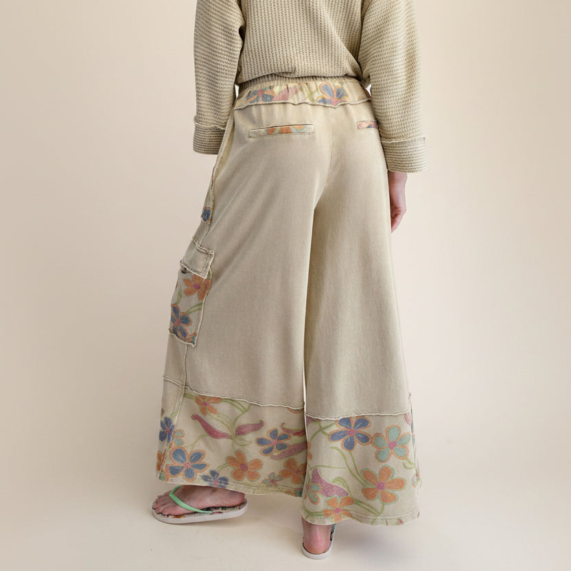 Easel floral terry wide leg lounge pants in dusty sage, back view showing wide leg silhouette and waistband
