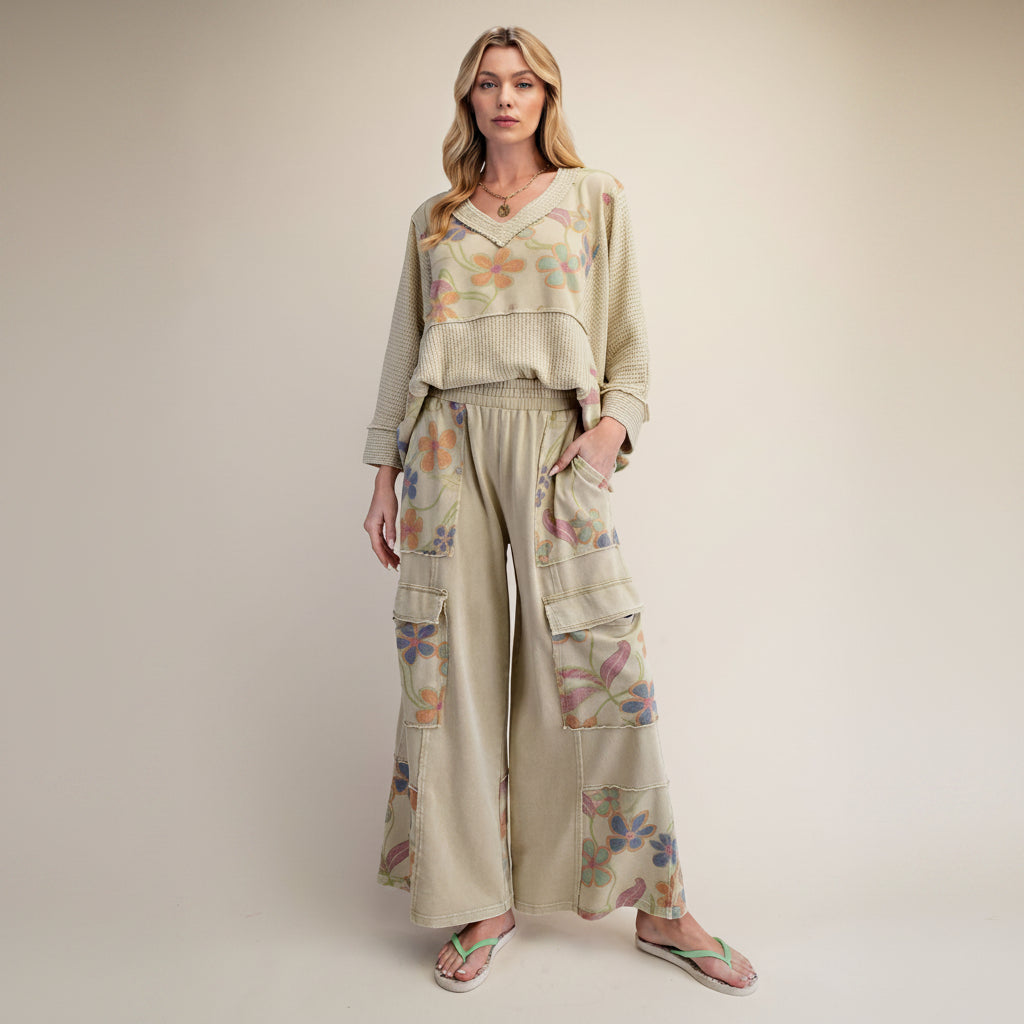 Easel women's dusty sage floral terry wide leg lounge pants, front view, cargo pockets and drawstring waist

