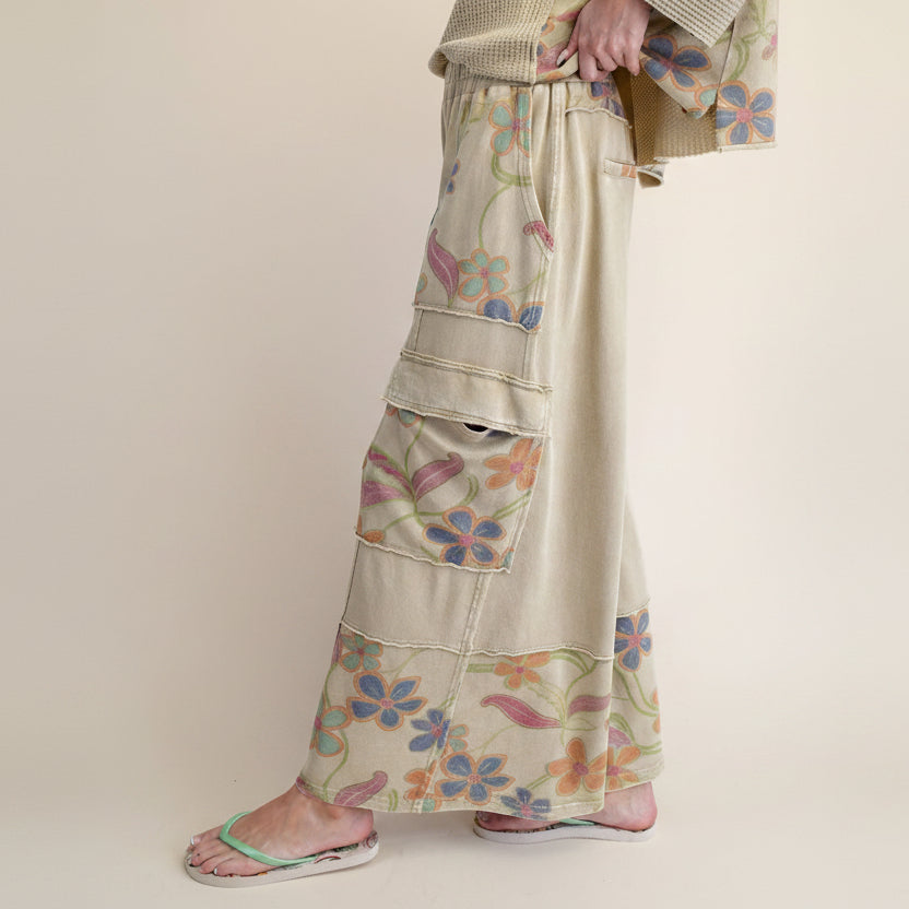 Easel floral terry wide leg pants in dusty sage, side view showing cargo pocket detail and panel seam construction
