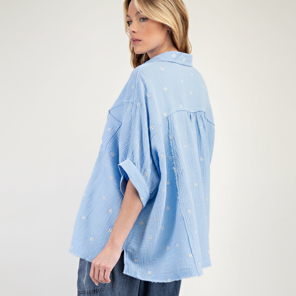 Easel women's sky blue cotton gauze shirt, side profile view showing raw-edge hem and relaxed drape
